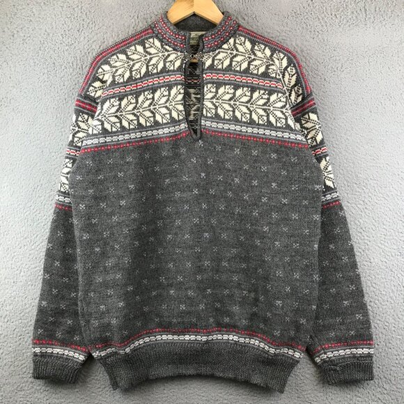 TOWE WOOLENS Wool Sweater Nordic Snowflake Pattern Gray Red White XL - Picture 1 of 10